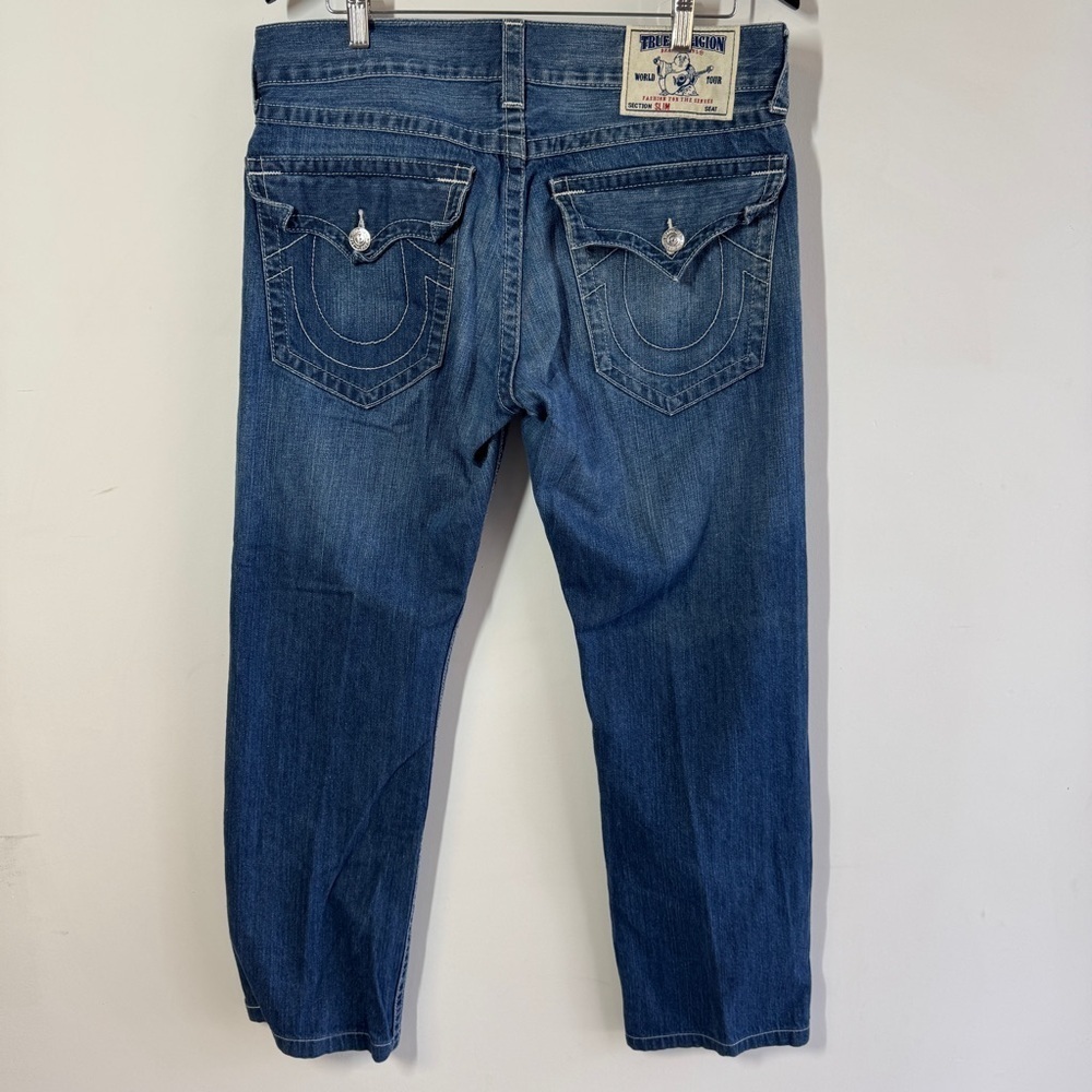 True Religion  Blue Straight Leg Distressed Denim Classic Stitch Jeans Size 34 - Picture 10 of 16